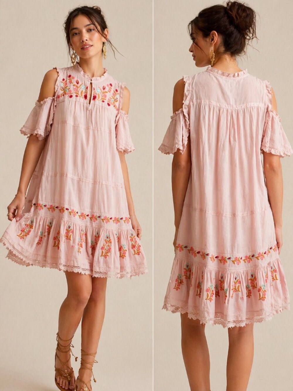 Allison New York Cold Shoulder Blush Embroidered Babydoll Dress